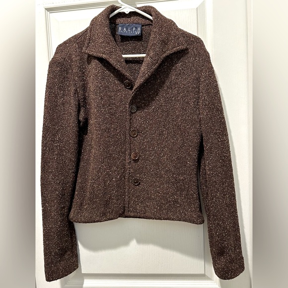 Ralph Lauren Silk Blend Nubby Brown Multi Tweed Knit Button Front Cropped Jacket - Picture 1 of 6